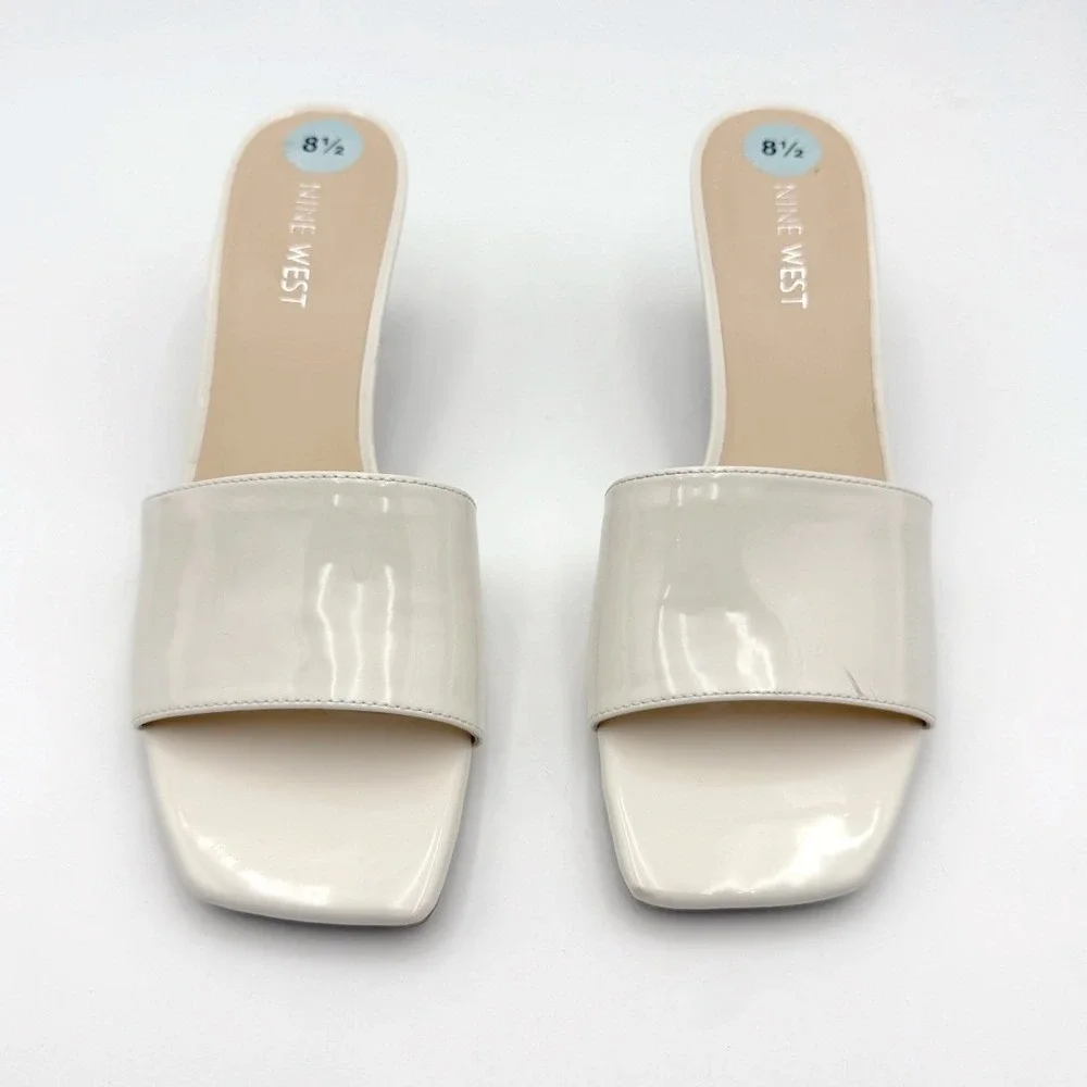 Nine West 8.5 White Patent Square Toe Kitten Heel Slide Sandals 90s Minimalist